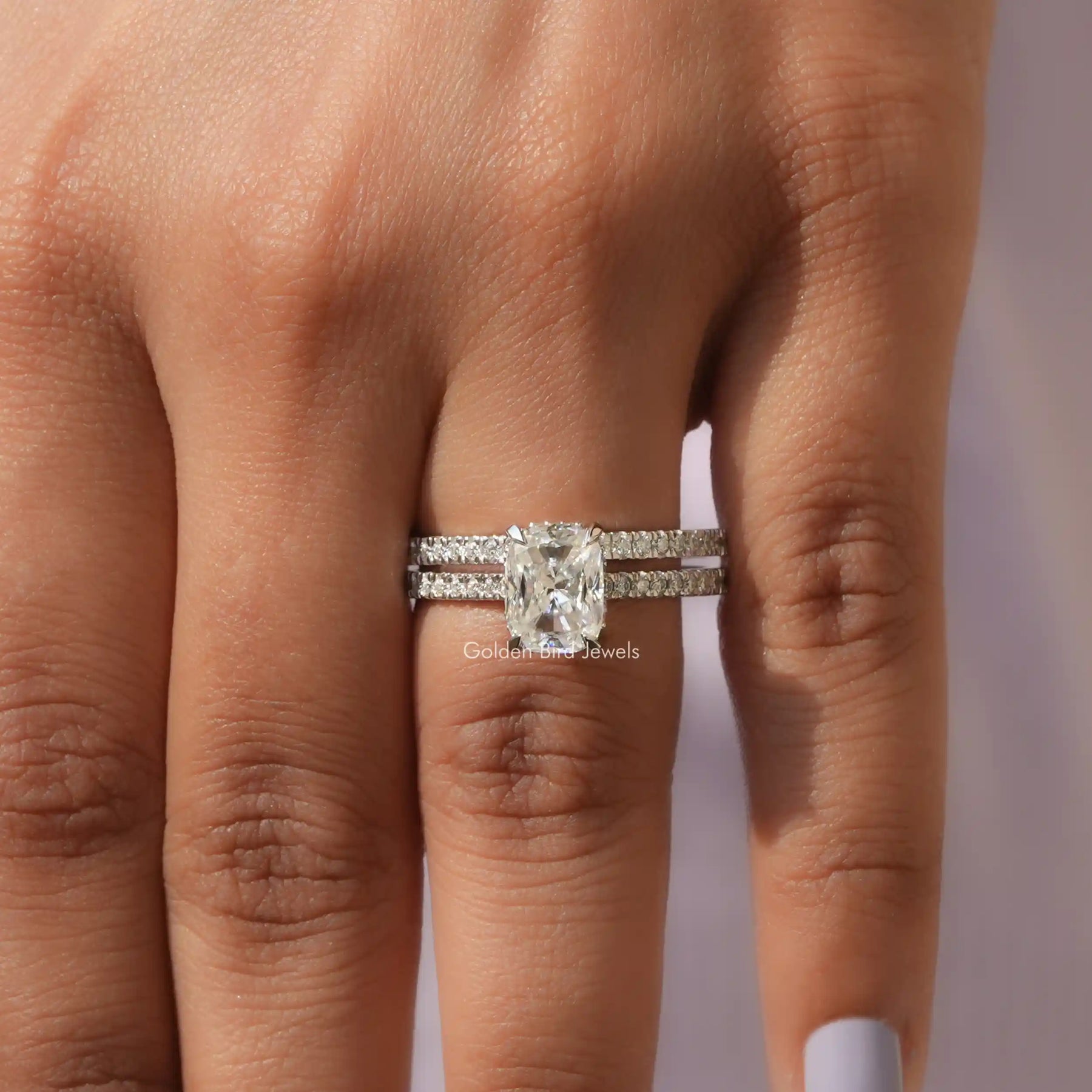 Detailed View Of Moissanite Cushion Cut Ring With Eternity Band In White Gold