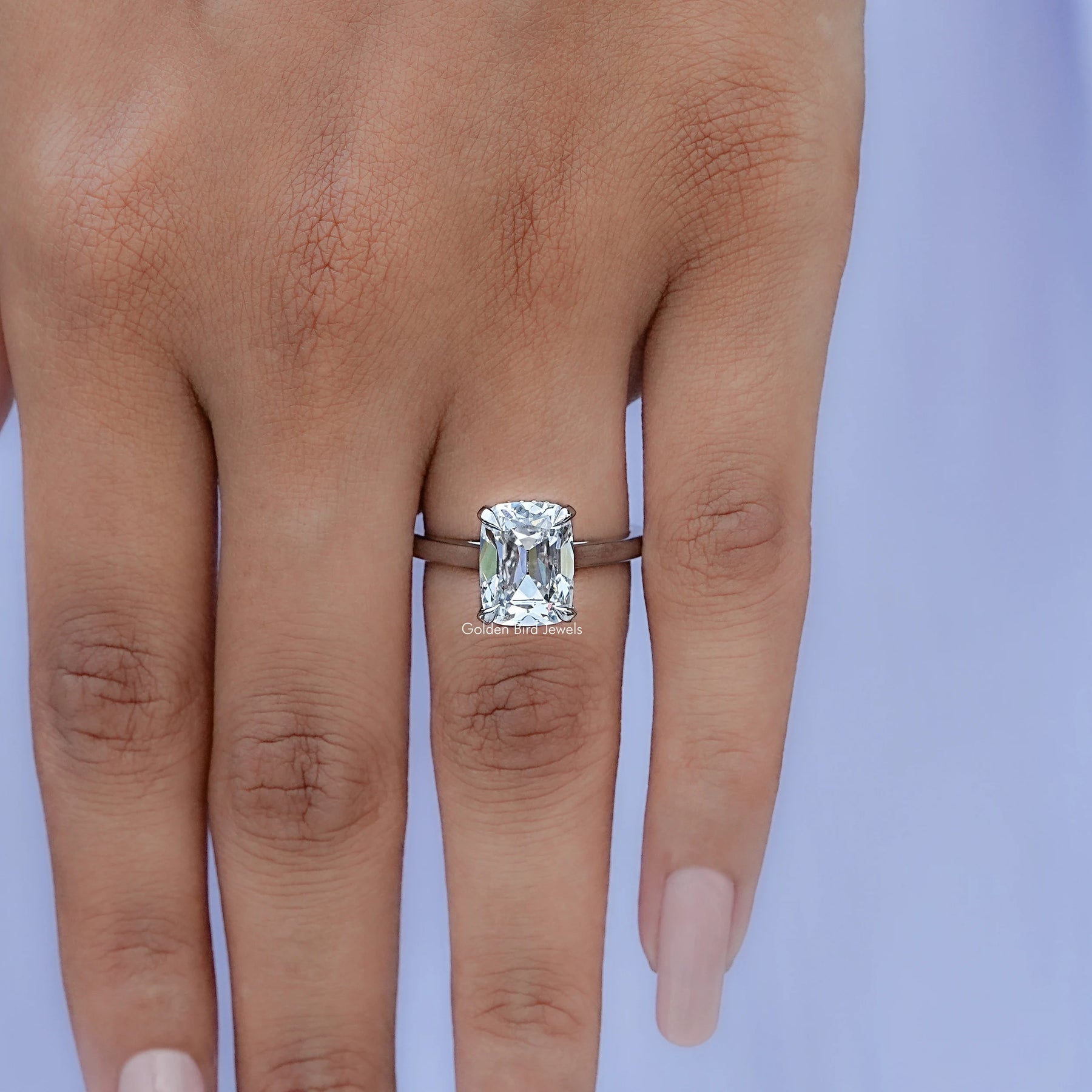 View of Elongated Cushion Cut Diamond Engagement Ring In White Gold