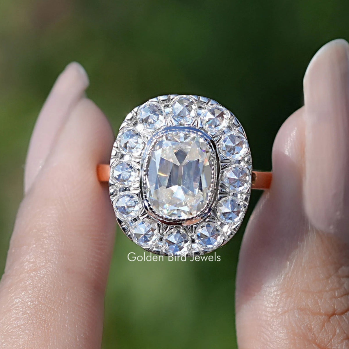 Front view of Elongated Old Mine Cushion Cut Moissanite Halo Ring