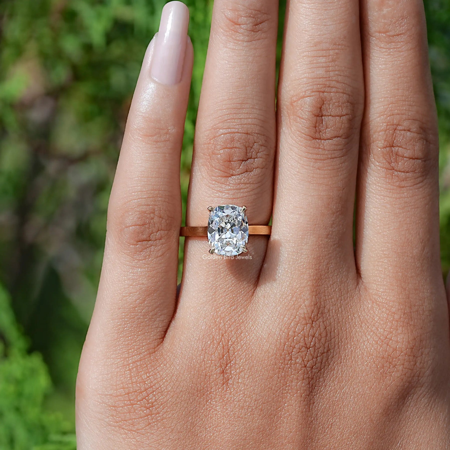 Close-Up View of Old Mine Cushion Cut Diamond Hidden Halo Ring In Yellow Gold