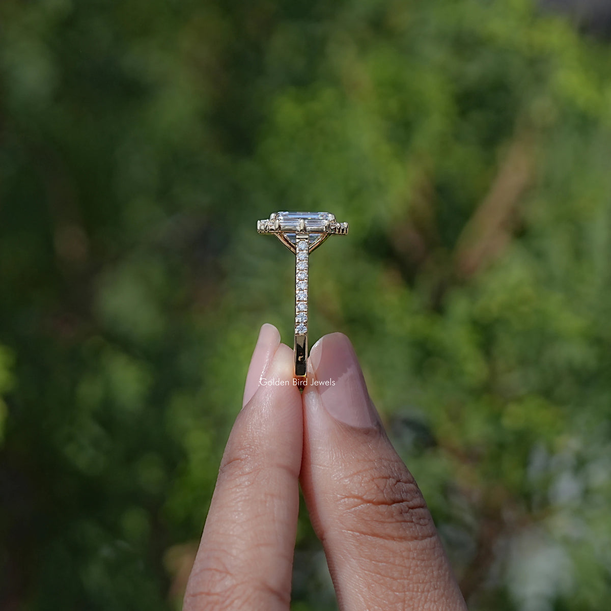 Emerald And Baguette Moissanite Halo Engagement Ring