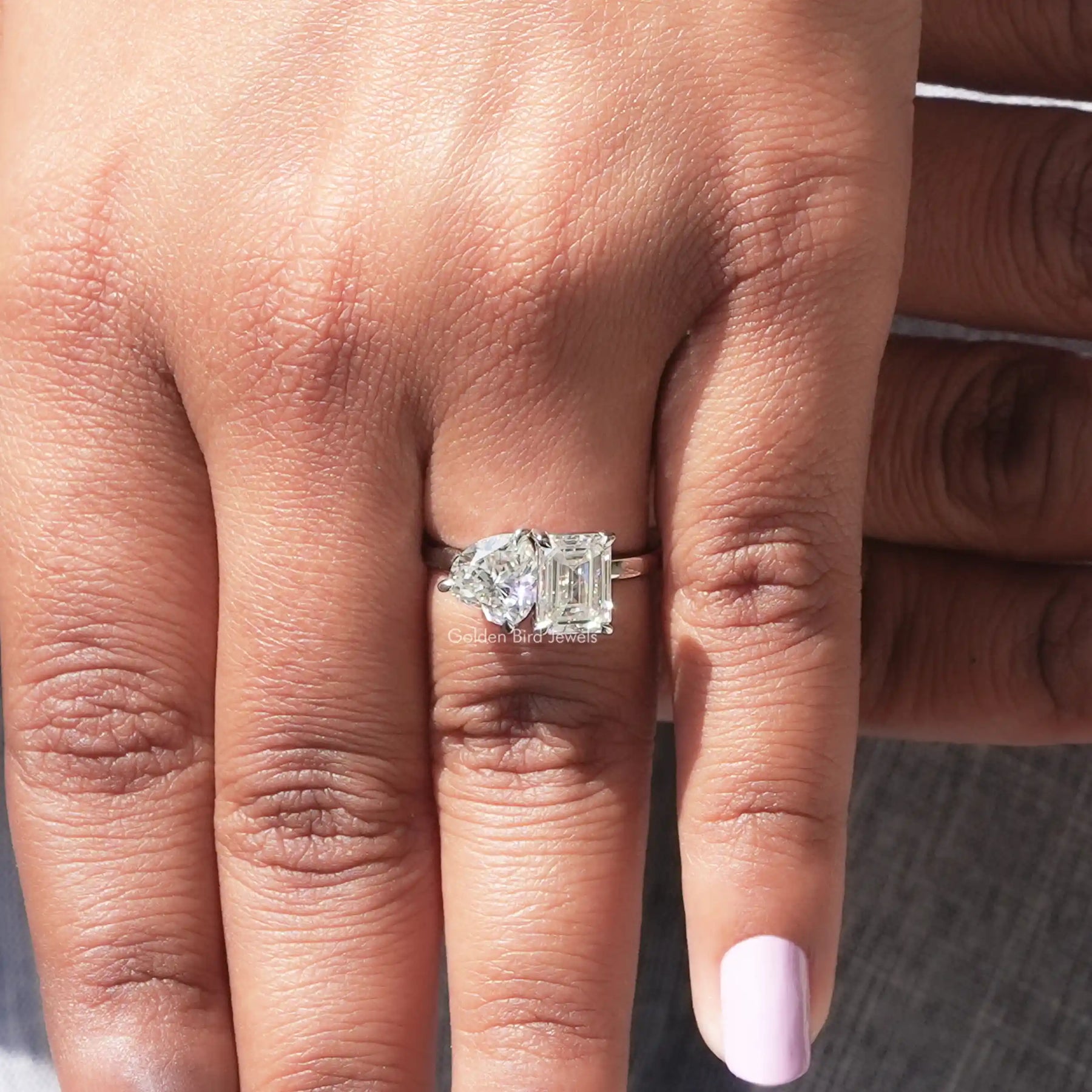 Toi Et Moi Heart And Emerald cut Ring in prongs setting
