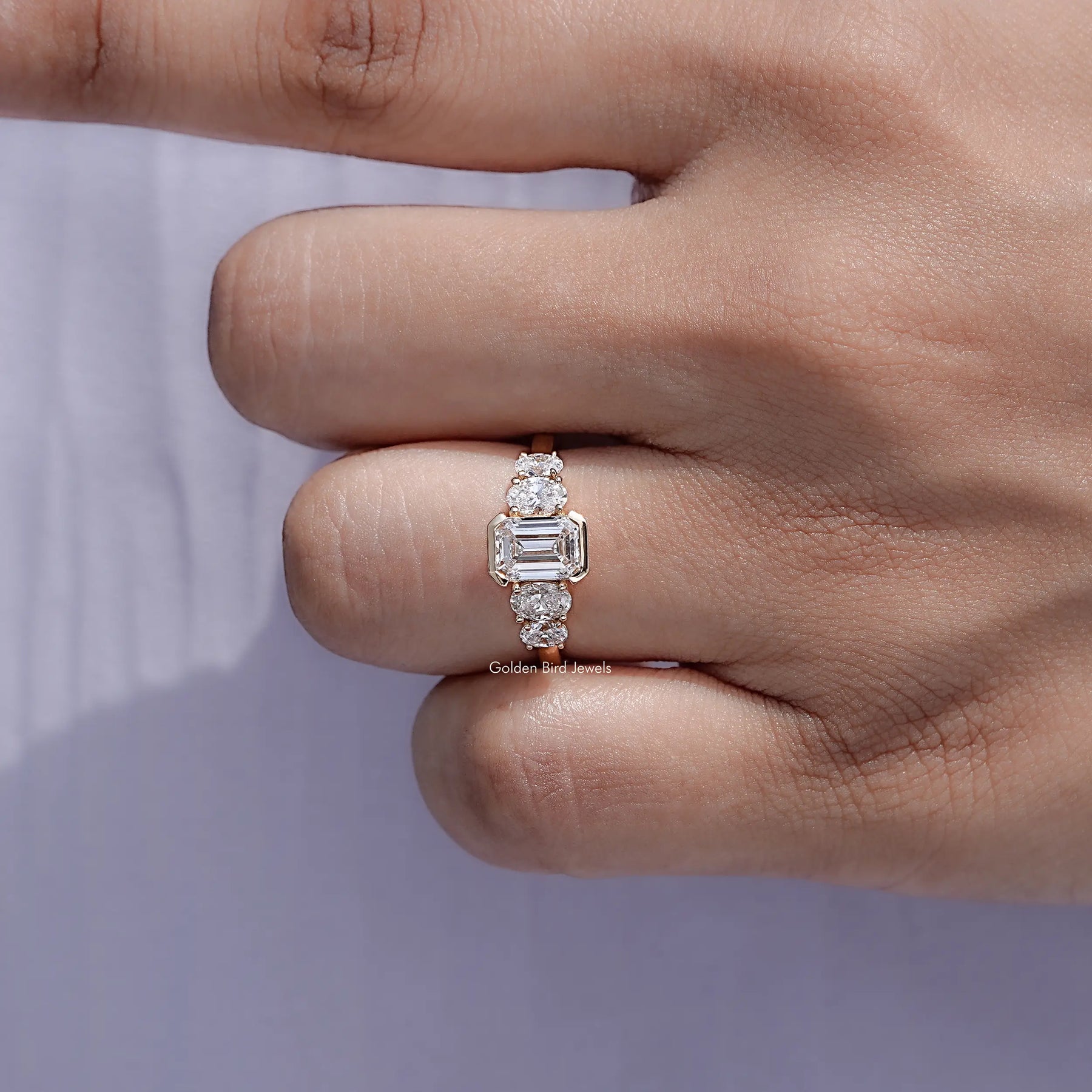Emerald And Oval Lab Diamond Five Stone Ring