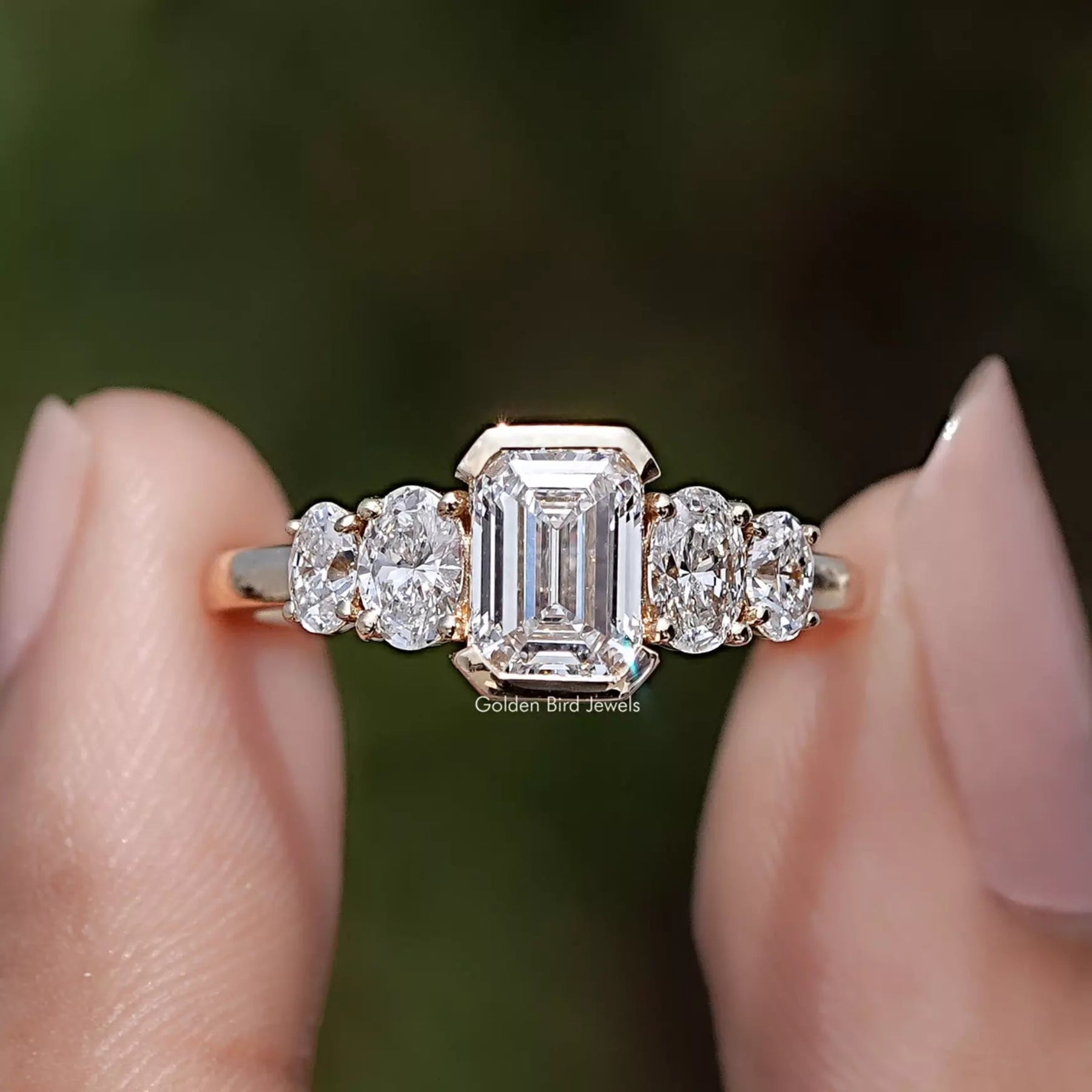 Emerald And Oval Lab Diamond Five Stone Ring