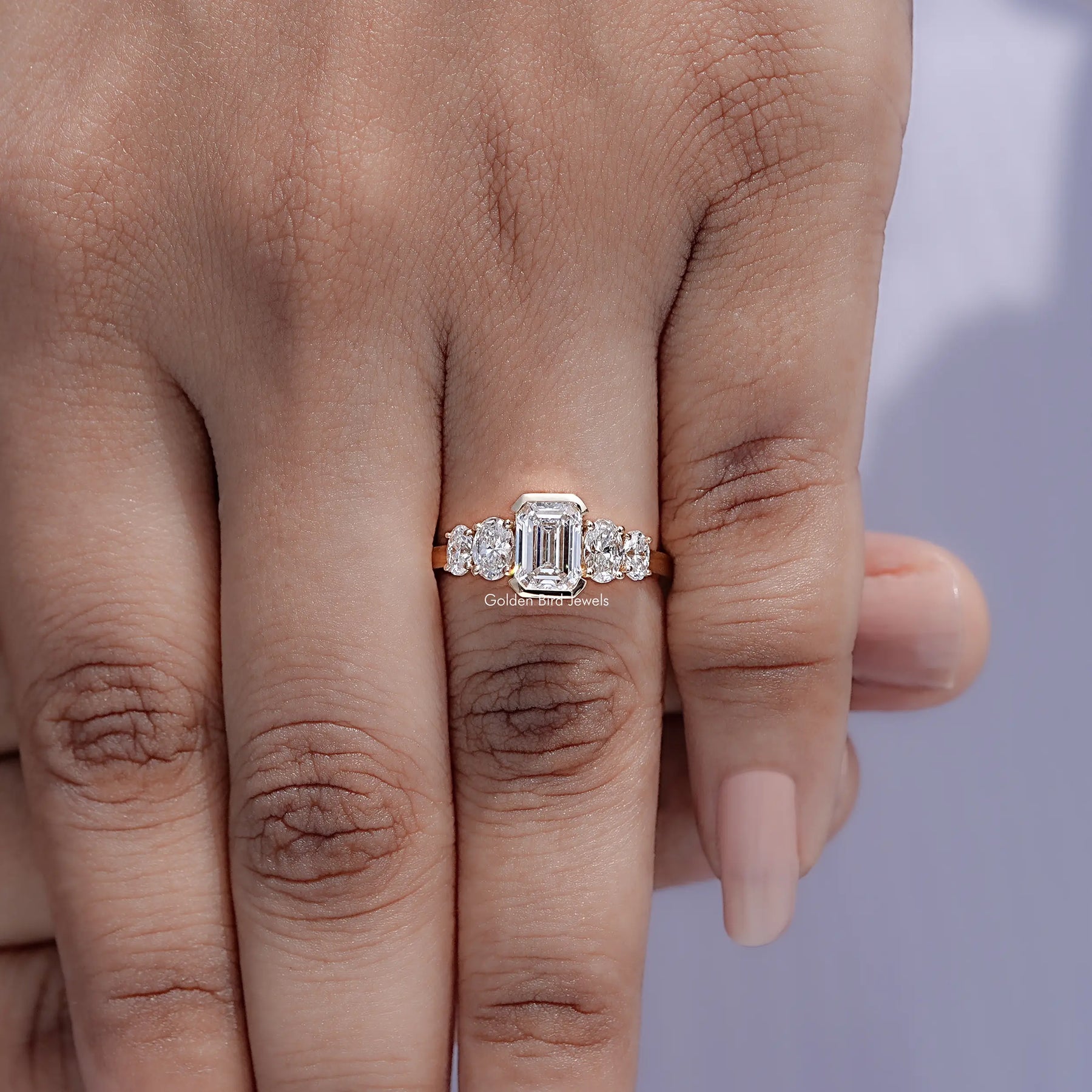 Emerald And Oval Lab Diamond Five Stone Ring