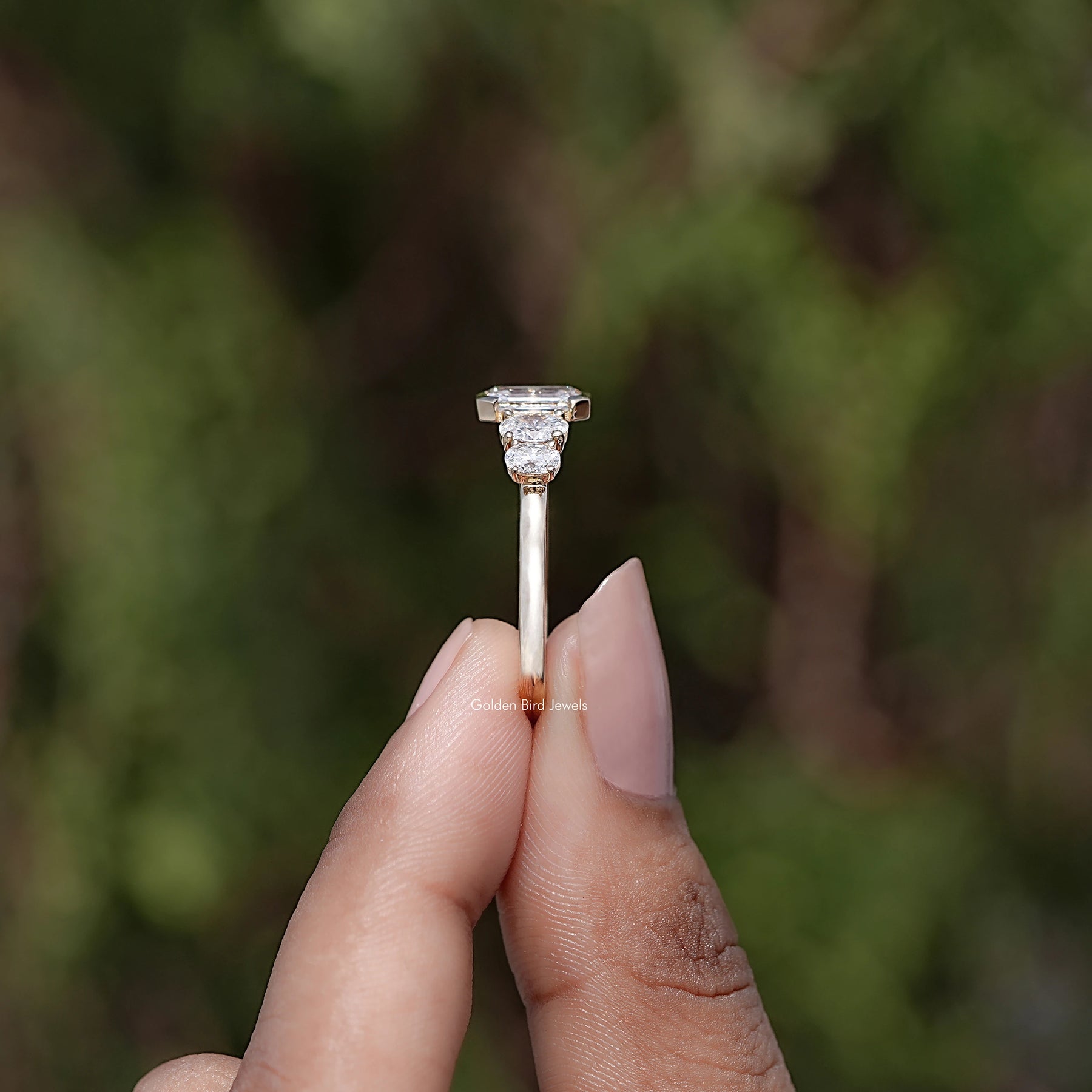 Emerald And Oval Lab Diamond Five Stone Ring