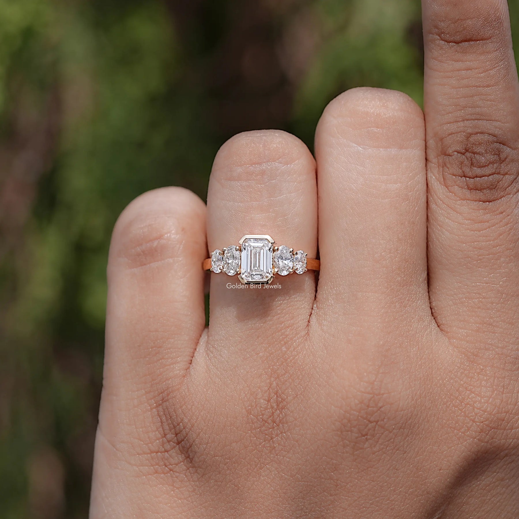 Emerald And Oval Lab Diamond Five Stone Ring