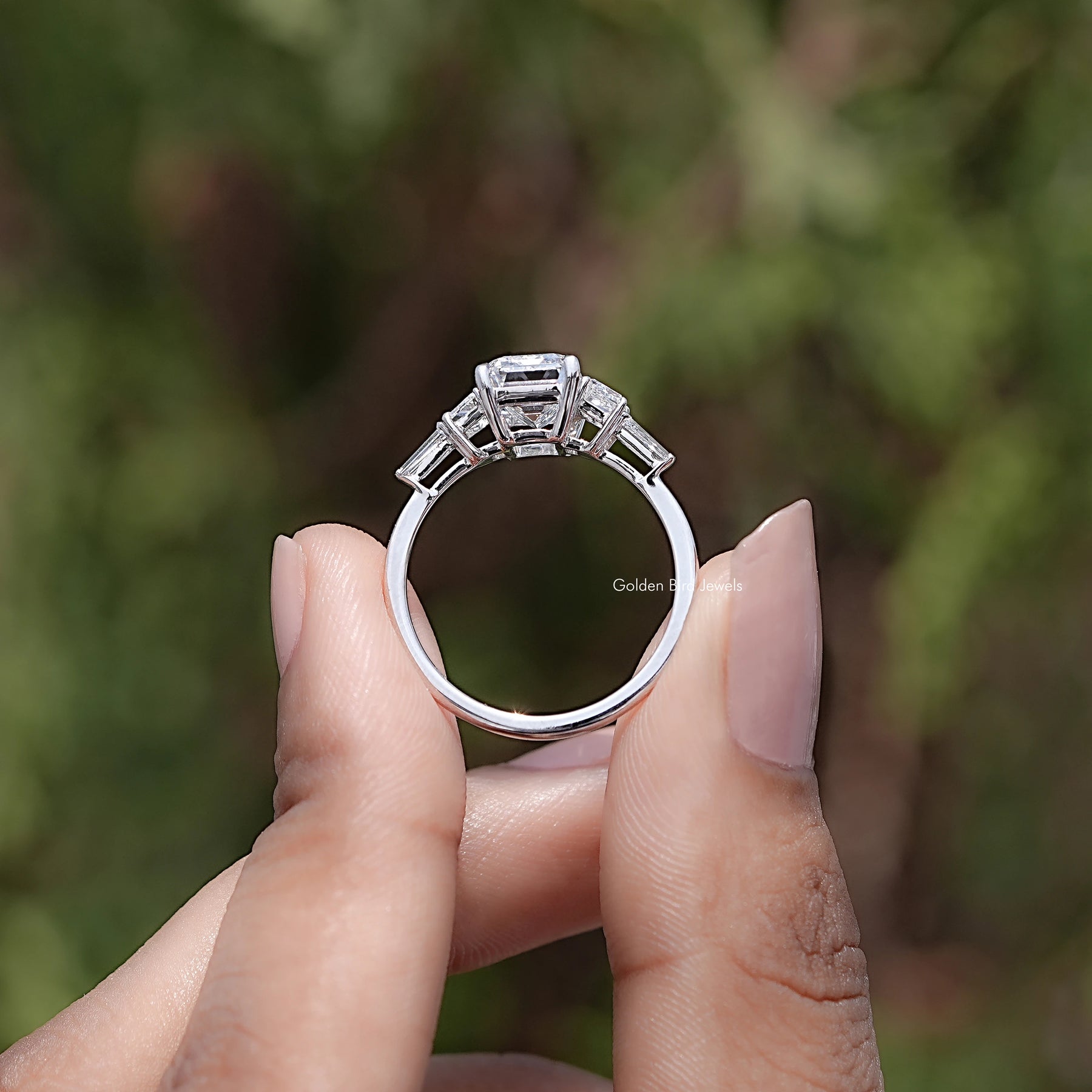 Back view of Emerald And Tapered Baguette Lab Diamond Ring