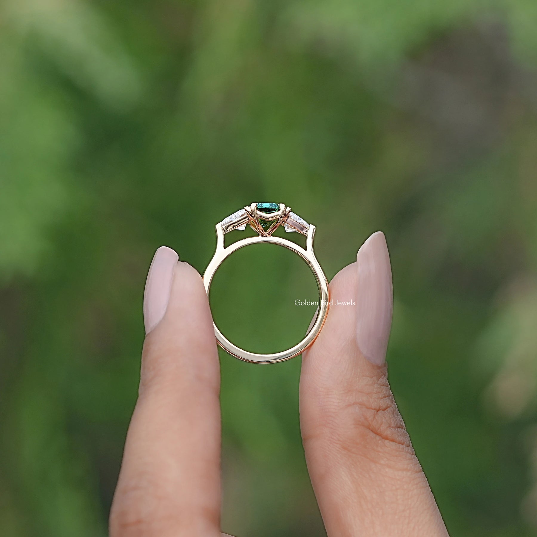 Emerald And Triangle Moissanite Three Stone Ring