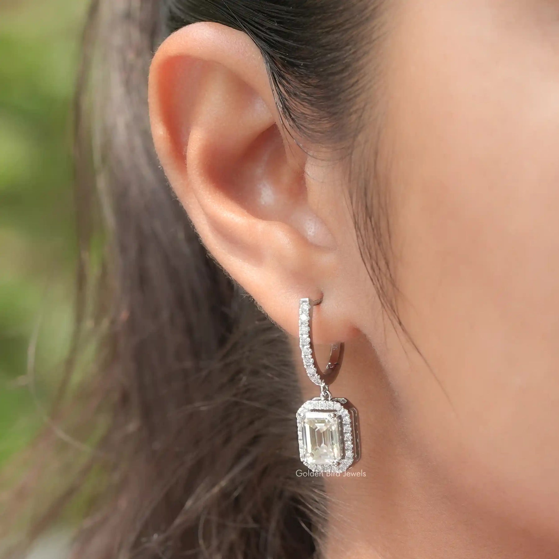 Emerald Cut Halo Moissanite Dangle Drop Earrings