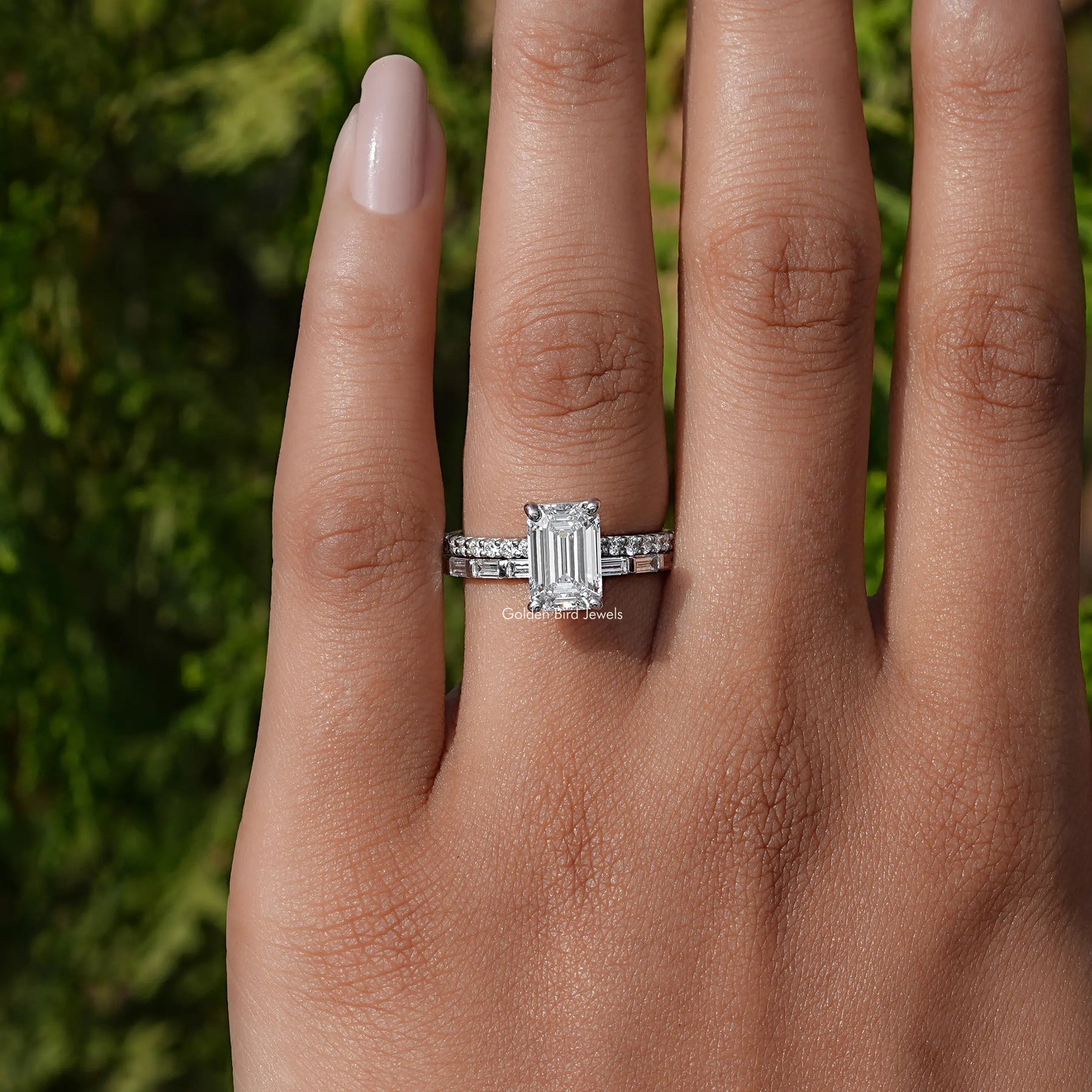 Front view of Diamond Emerald Cut Wedding Ring Set