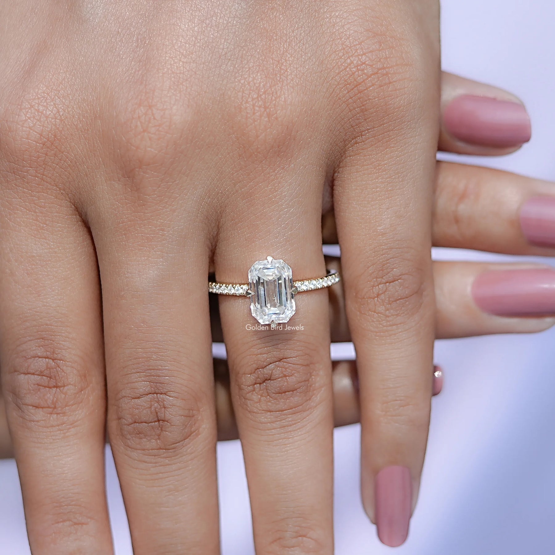 Emerald Cut Moissanite Hidden Halo Engagement Ring