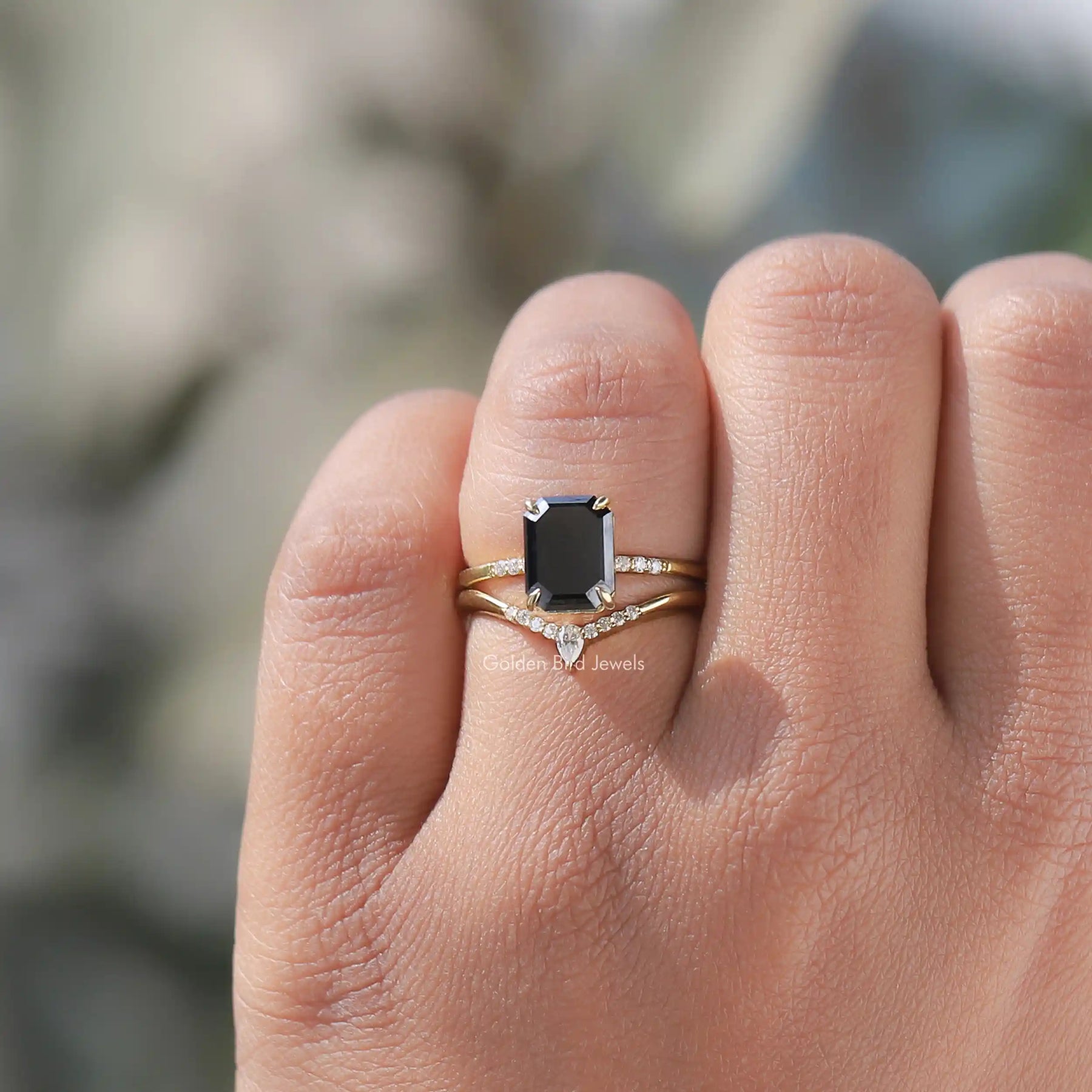 View of Black Emerald Cut Moissanite Yellow Gold Ring