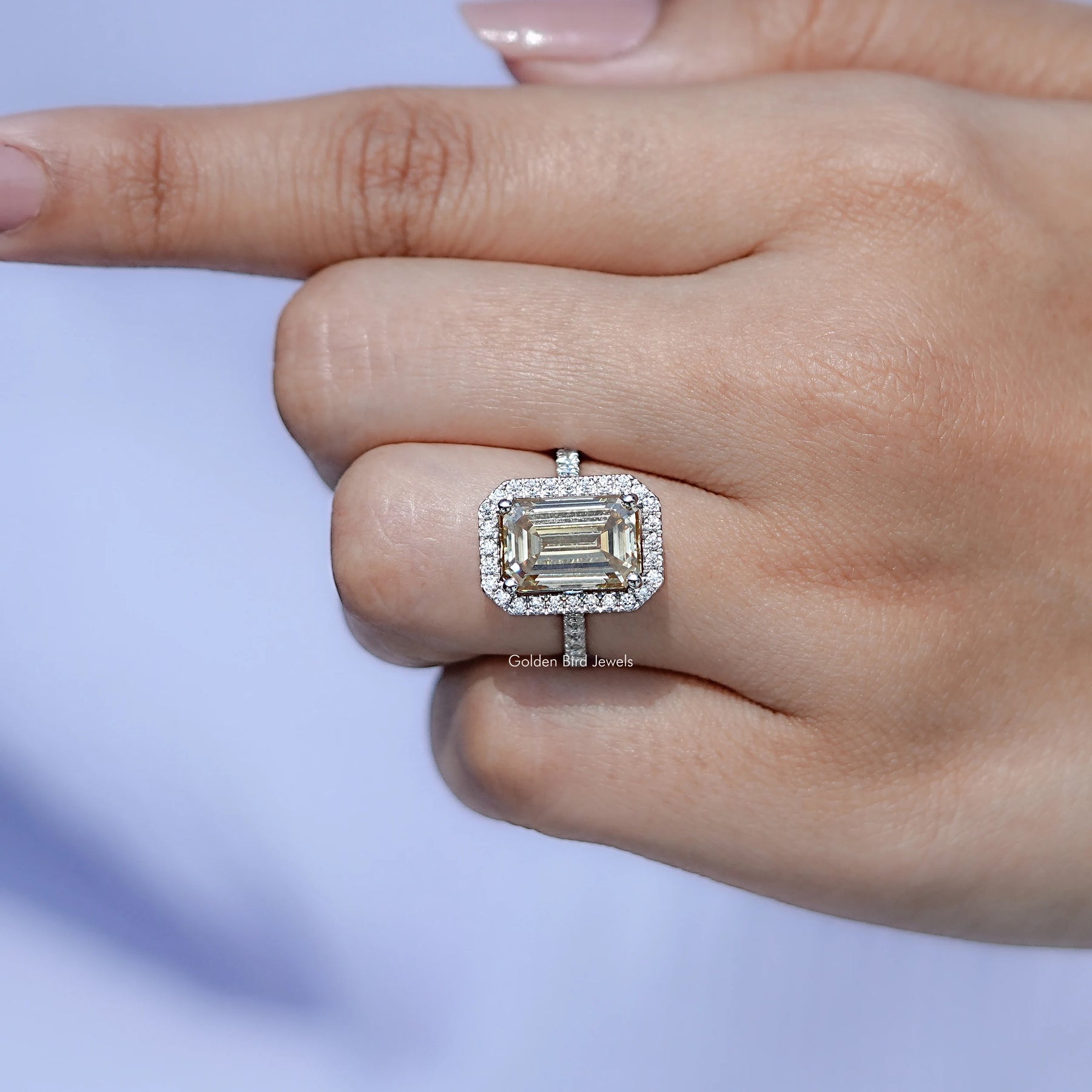 Emerald Moissanite Halo Engagement Ring