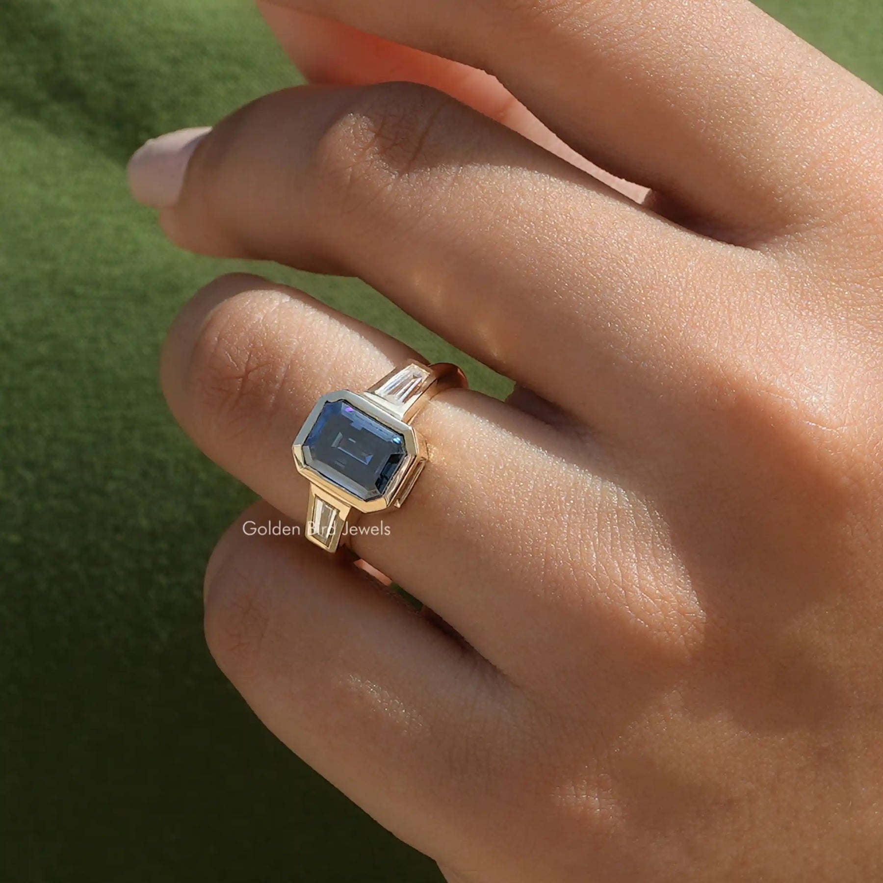 View of Emerald Cut Moissanite Ring In Finger