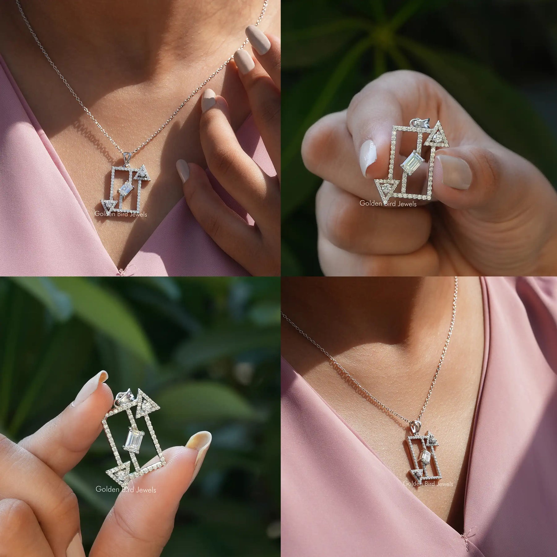 Front side back and close view of emerald cut pendant