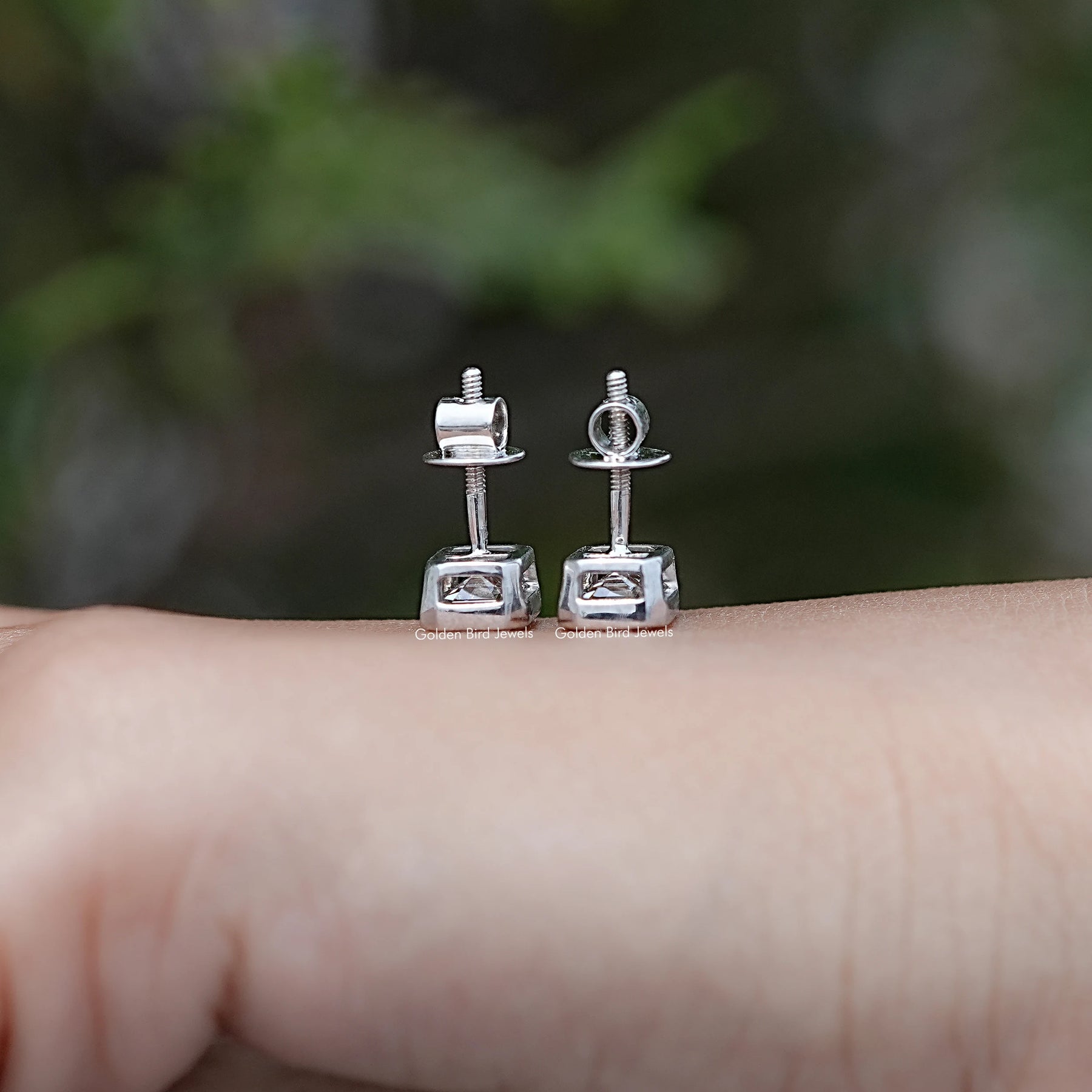 Back View of Emerald Cut Lab Diamond Stud Earrings in screw back
