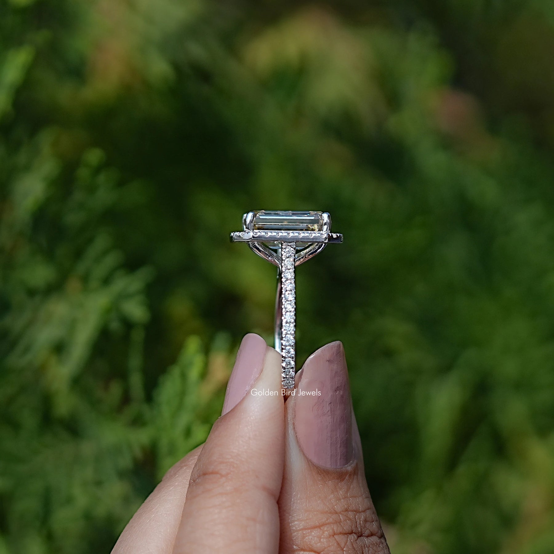 Emerald Moissanite Halo Engagement Ring