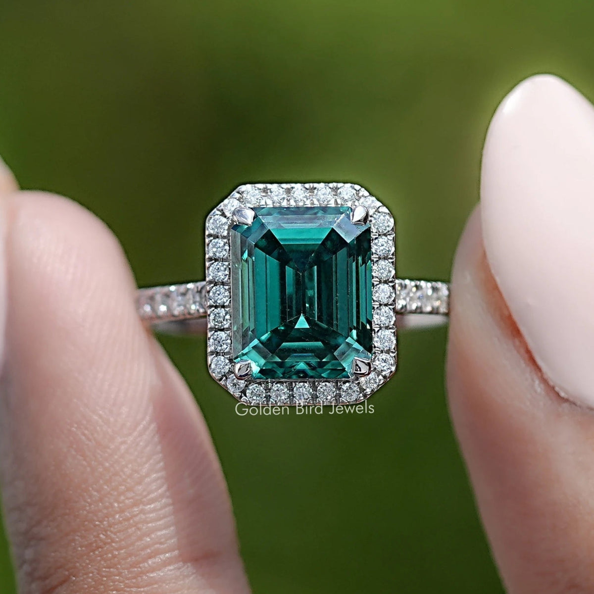 Emerald Moissanite Halo Accent Engagement Ring