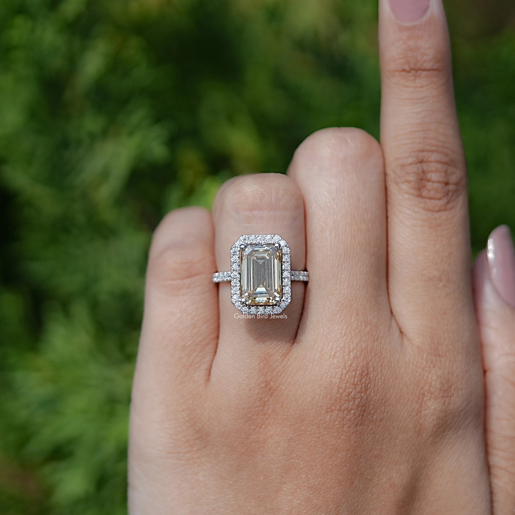 Emerald Moissanite Halo Engagement Ring