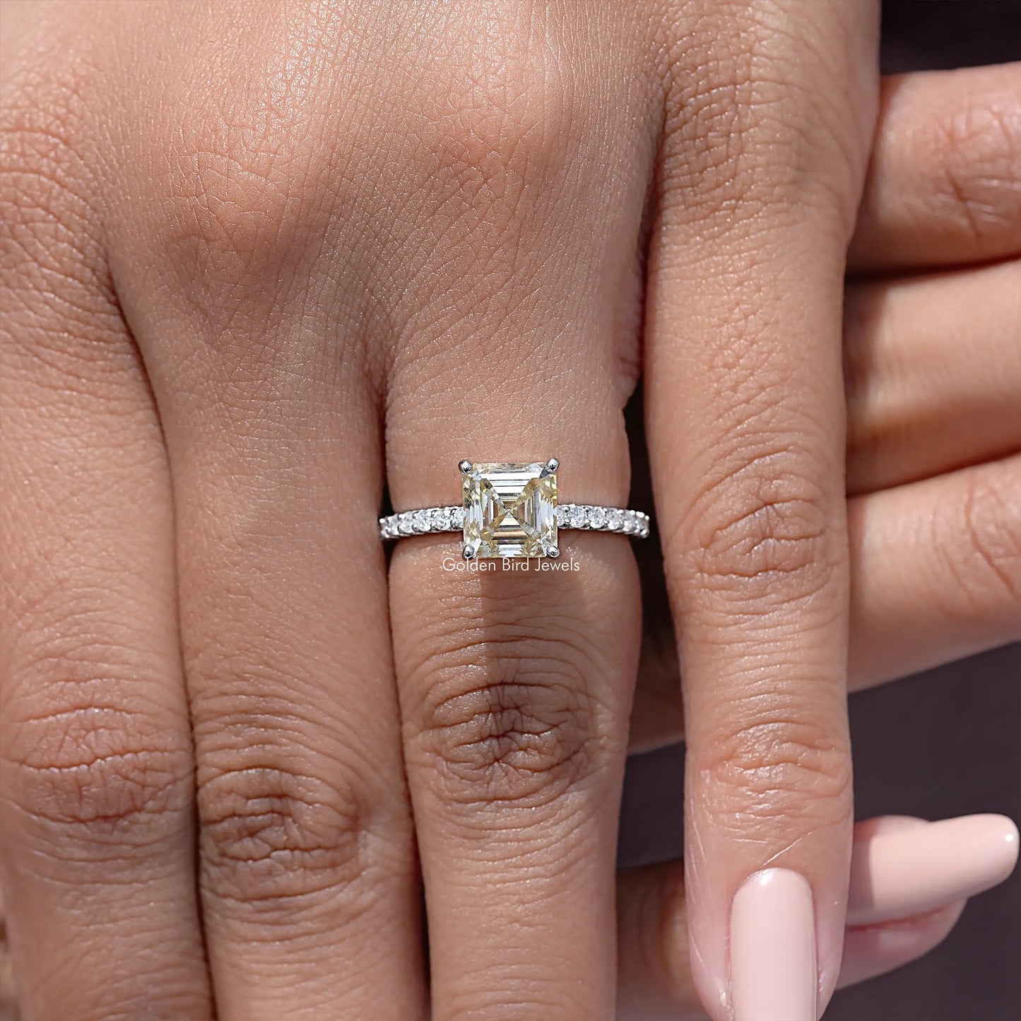 Yellow Asscher Cut Moissanite Gemstone Accent Ring
