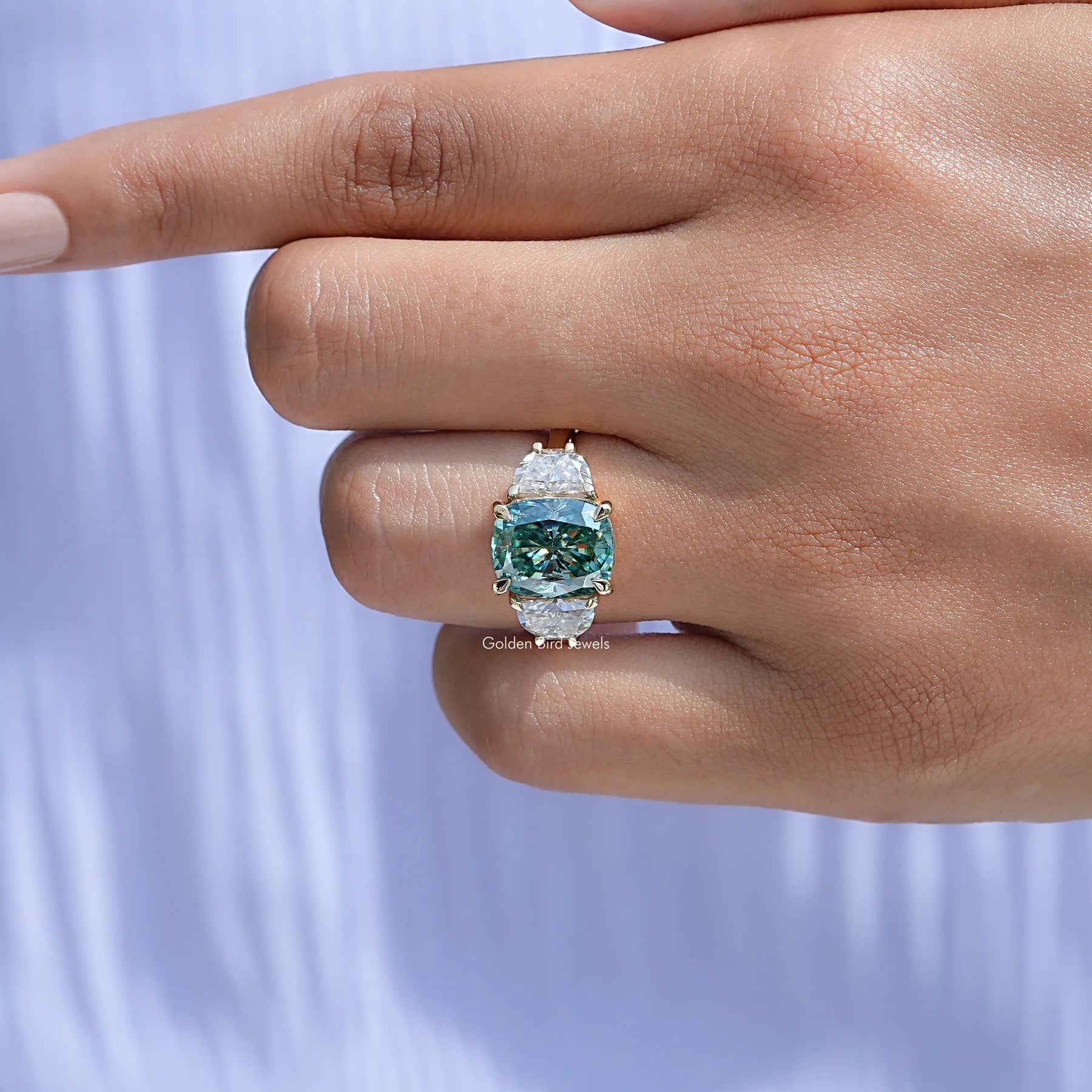 Elongated Green Cushion Cut Moissanite Three Stone Ring