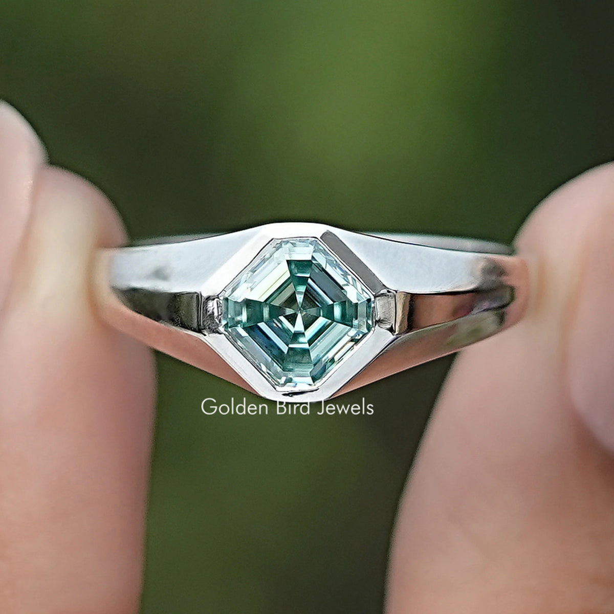 Front view of Blue Asscher Cut Moissanite Solitaire Ring