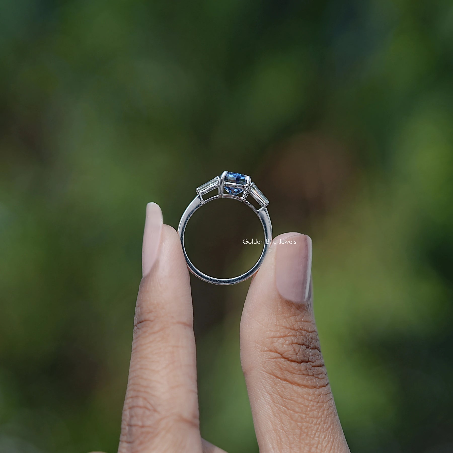 Back view of Oval Cut Moissanite ring in secure setting