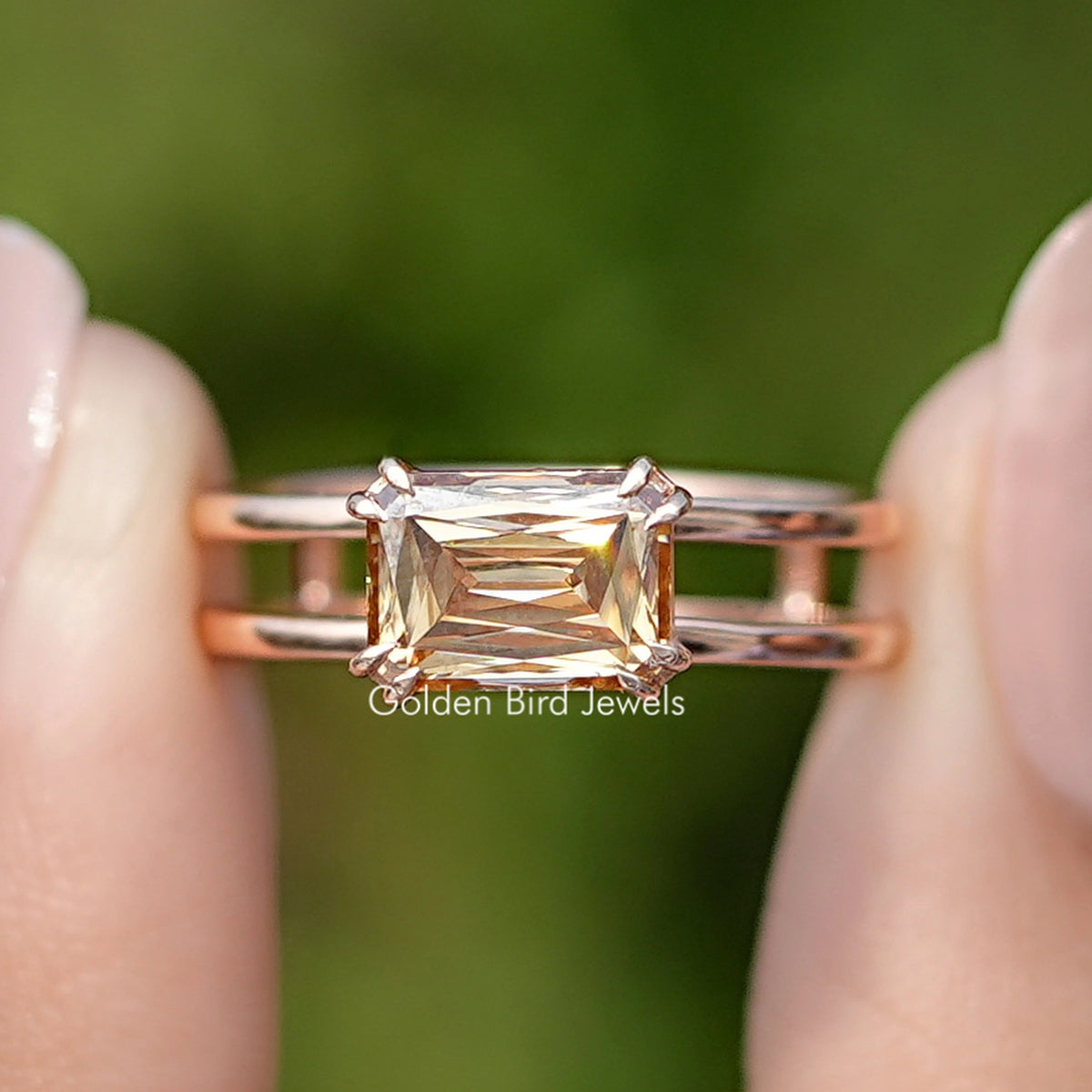 Front view of East West Criss Cut Moissanite Engagement Ring