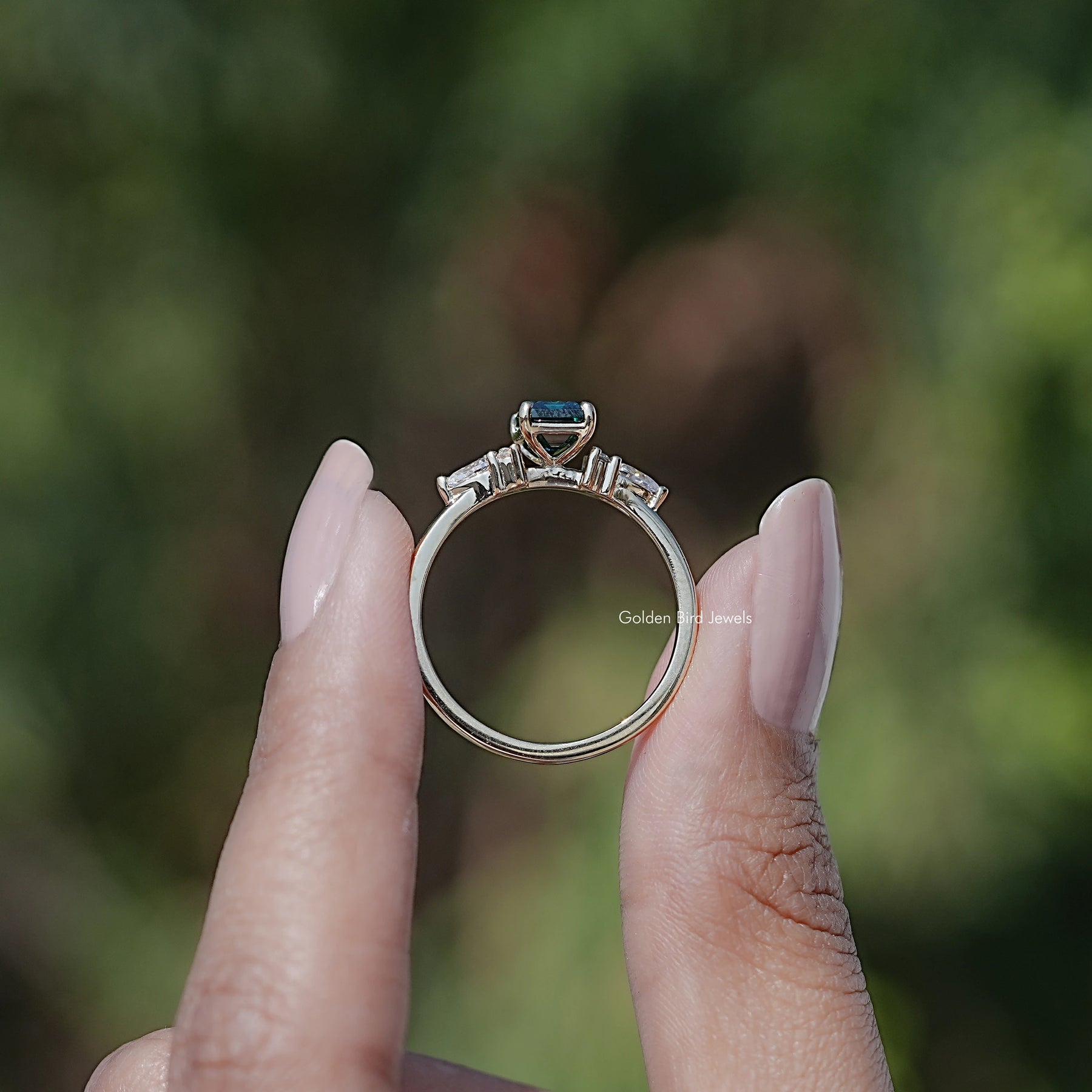 Back view of Green Emerald Moissanite Engagement Ring