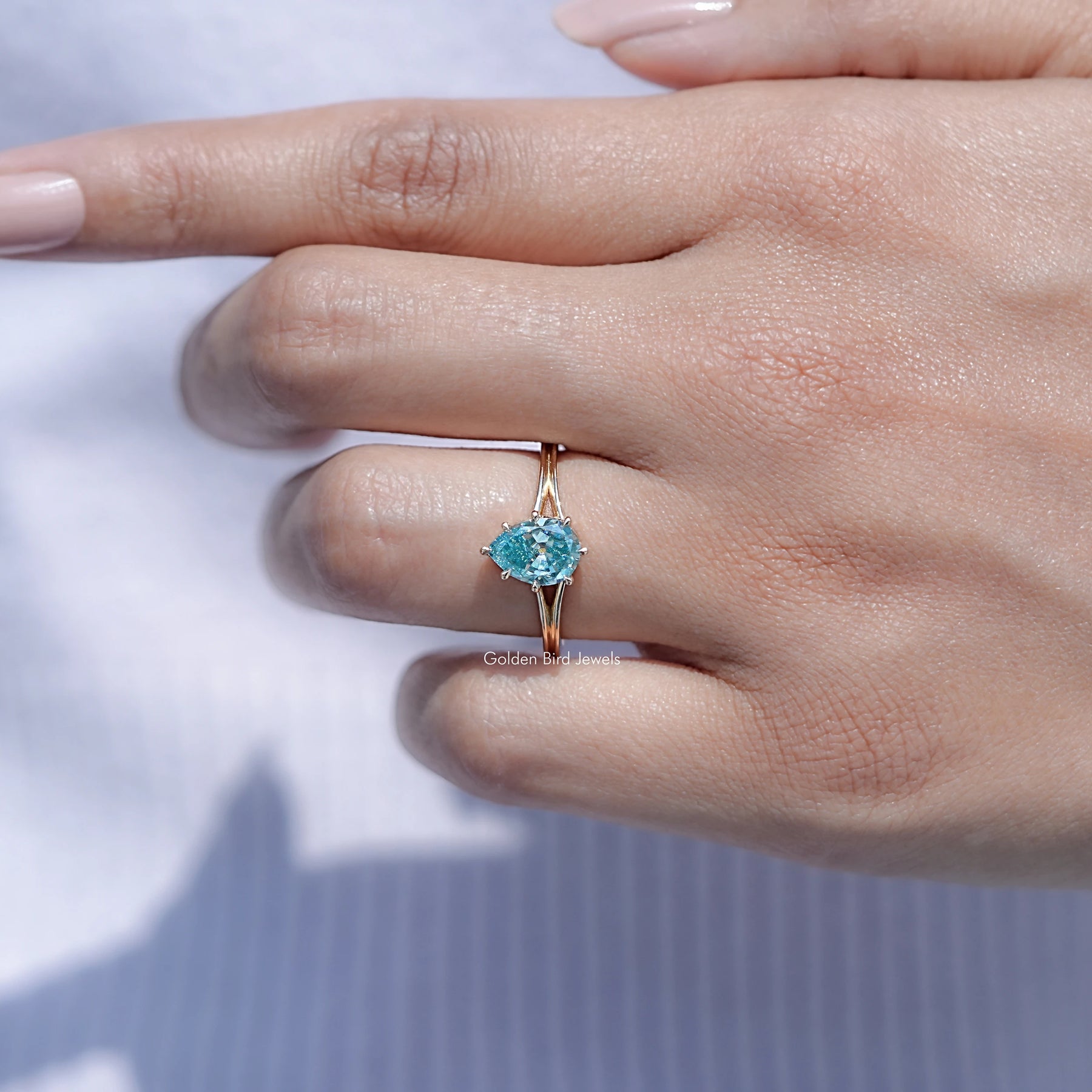 Moissanite Engagement Ring in Old Mine Pear Cut Moissanite