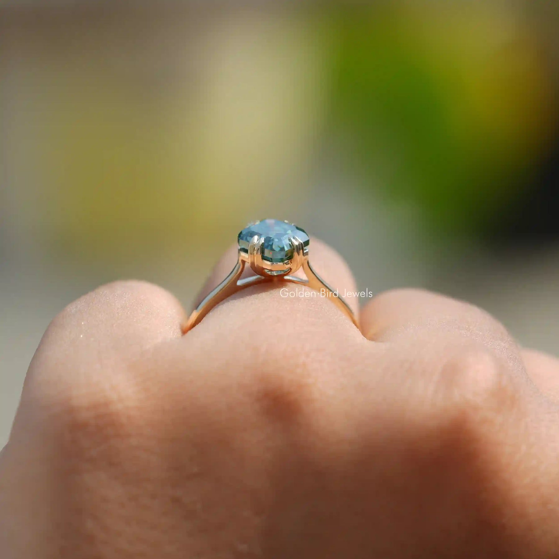 Back View of Fancy Cut Moissanite Solitaire Ring Set In finger