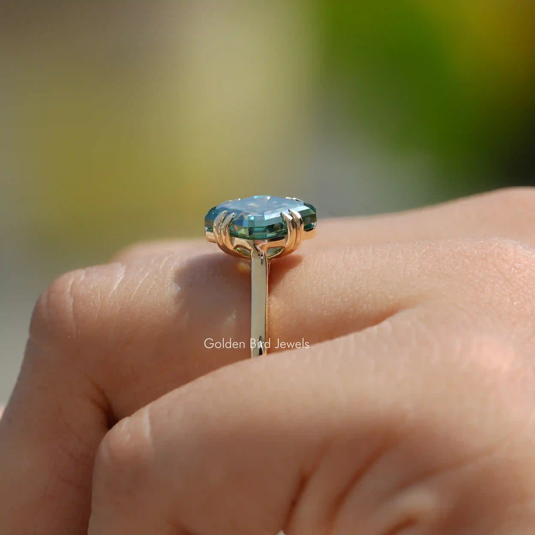 Side View of Fancy Cut Moissanite Solitaire Ring In finger