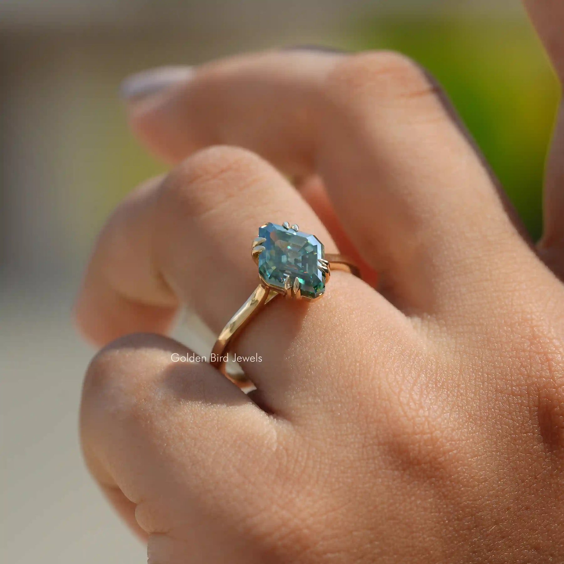 Close-Up View of Fancy Cut Moissanite Solitaire Ring Set In Yellow Gold