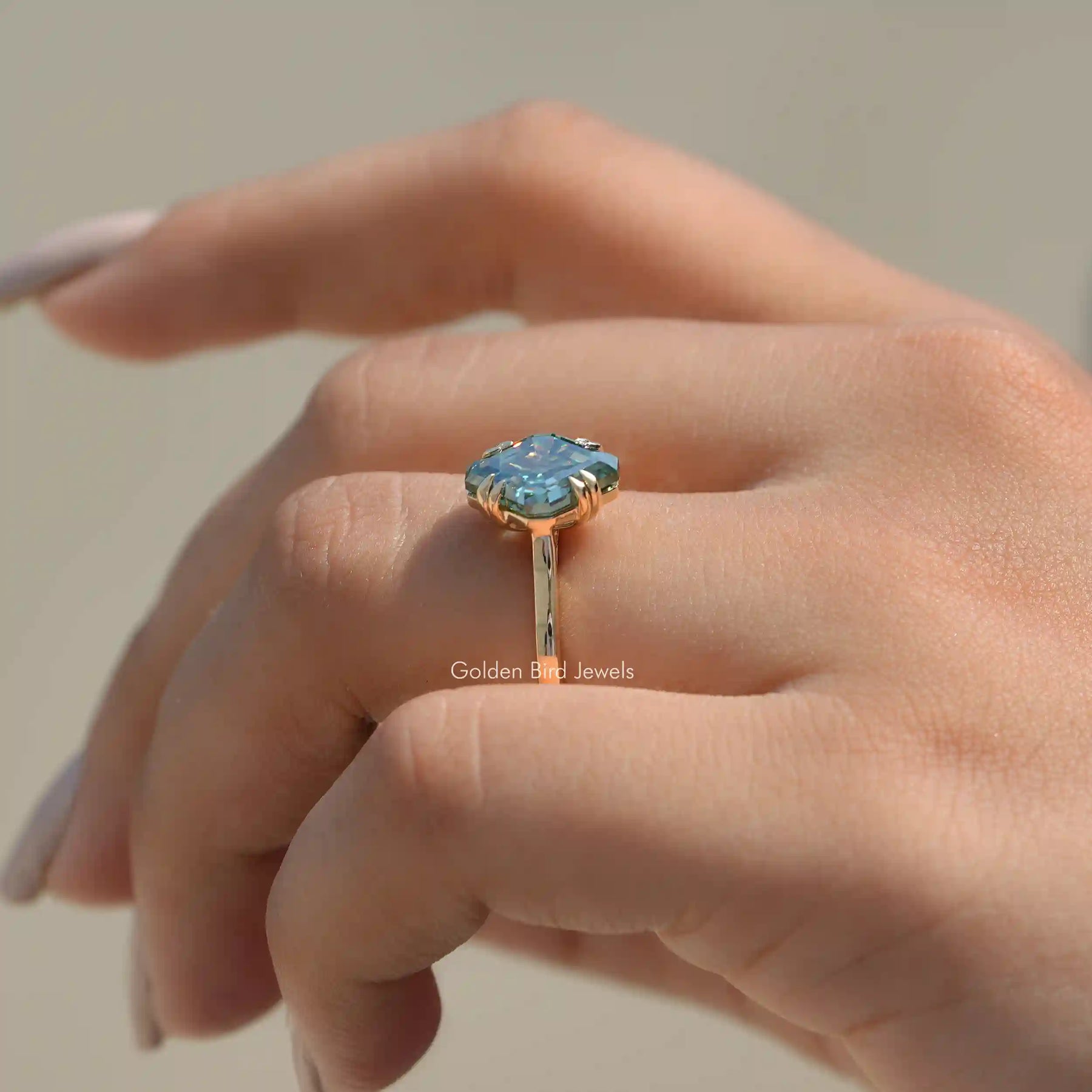 Side View of Moissanite Fancy Cut Solitaire Ring In finger