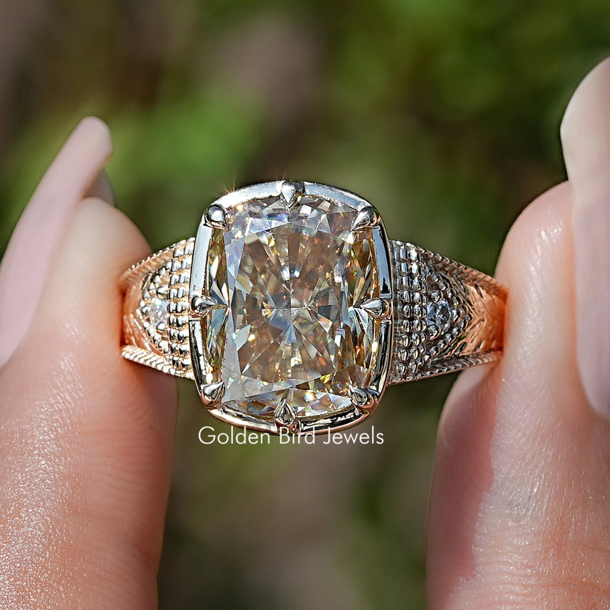 Front view of Filigree Yellow Elongated Cushion Moissanite Ring