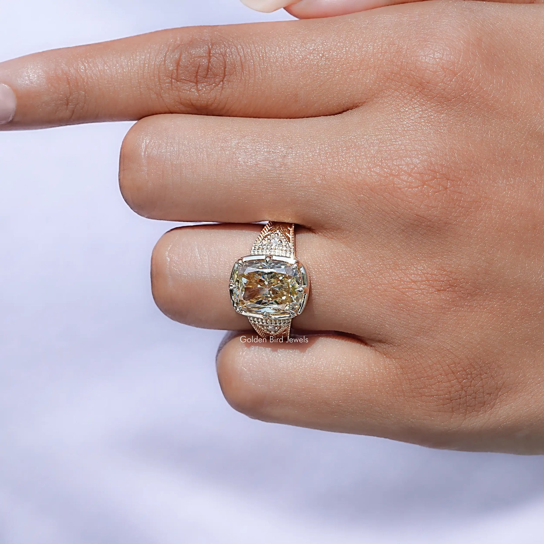 Filigree Yellow Elongated cushion Moissanite Ring