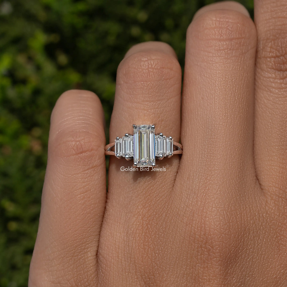 Emerald Cut Moissanite Split Shank Five Stone Ring