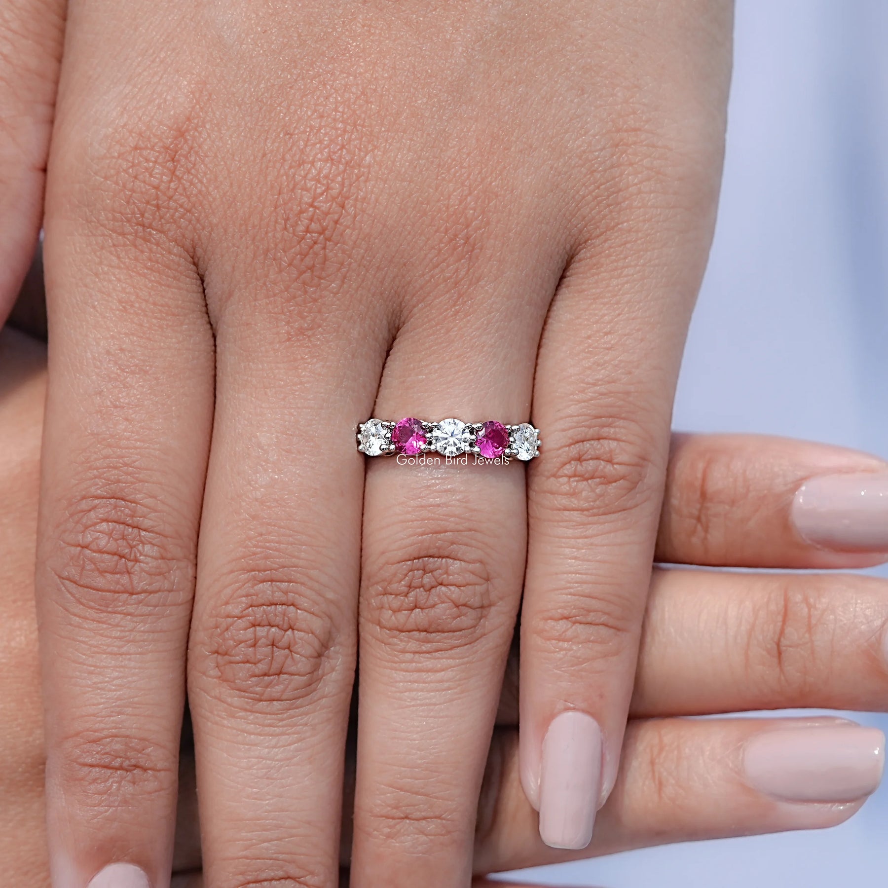 View of Round Gemstone Wedding Band in prongs setting