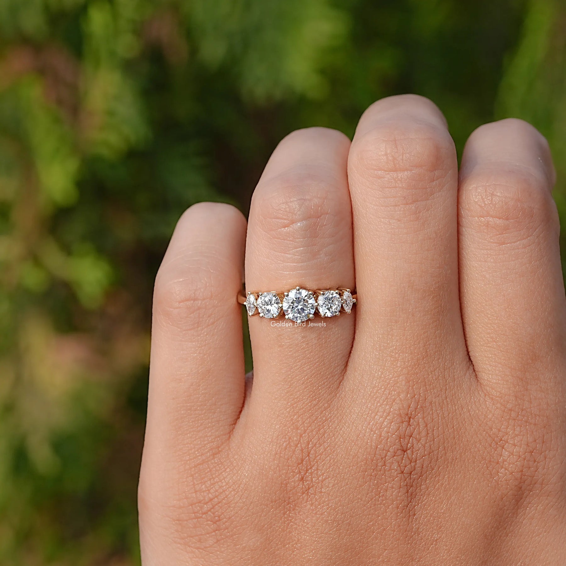 View of Round Cut Lab Diamond Accent Ring In Finger