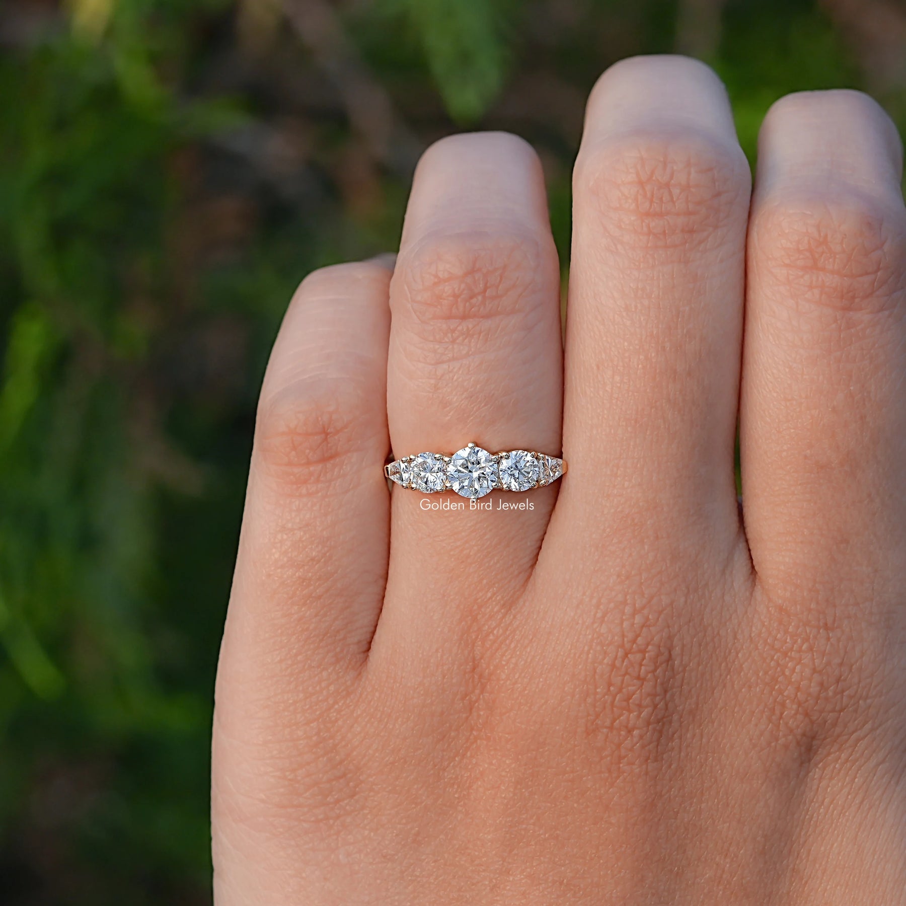 Detailed View of Shield And Round Lab Diamond Ring In Yellow Gold