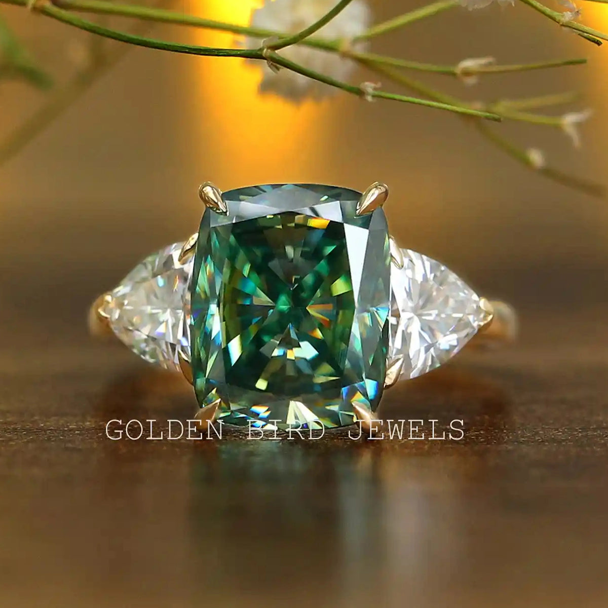 Cushion And Trillion Cut Three Stone Engagement Ring