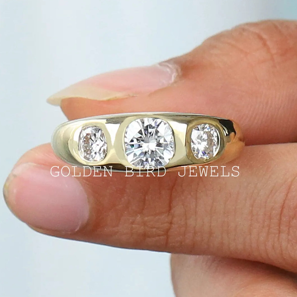 Cushion Cut Three Stone Moissanite Men's Engagement Ring