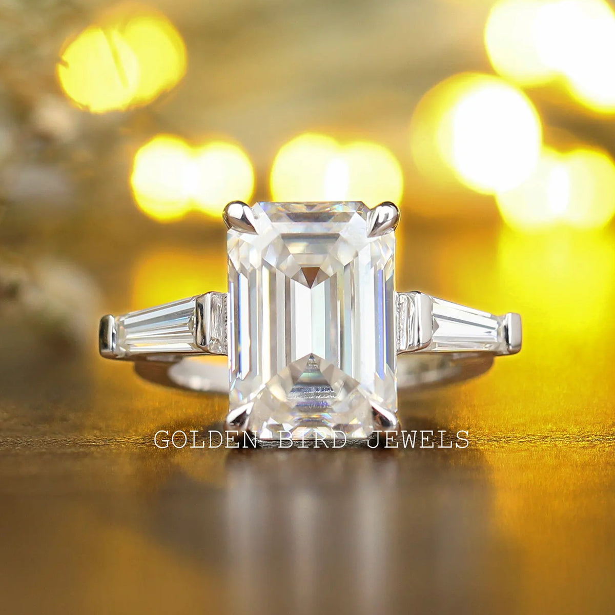 Three Stone Emerald Cut Moissanite Anniversary Ring