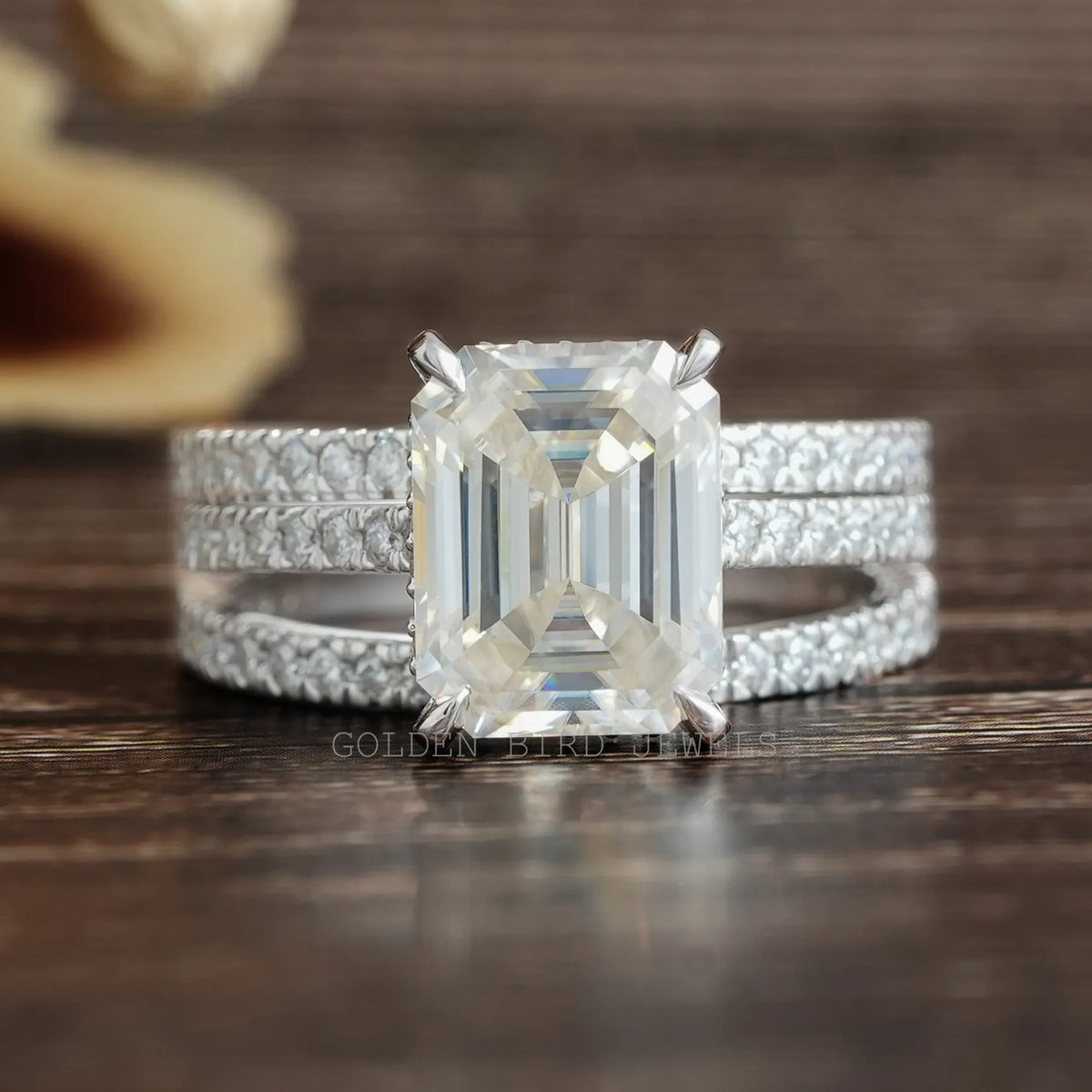 Emerald Moissanite Ring With Two Eternity Matching Bands