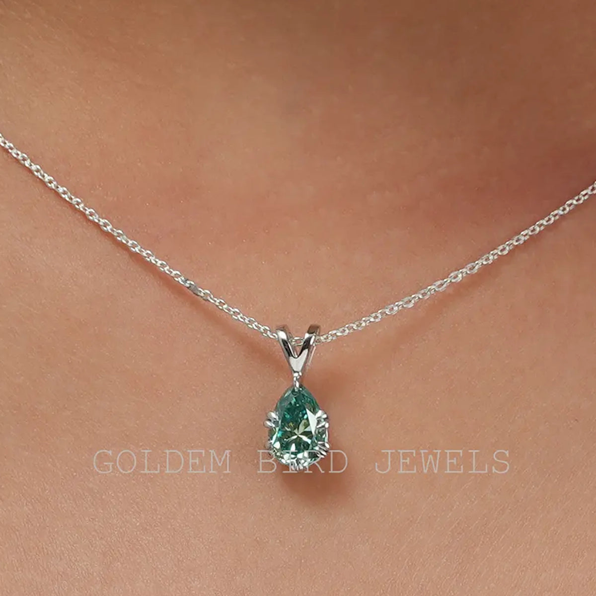 Elongated Blue Pear Moissanite Solitaire Pendant