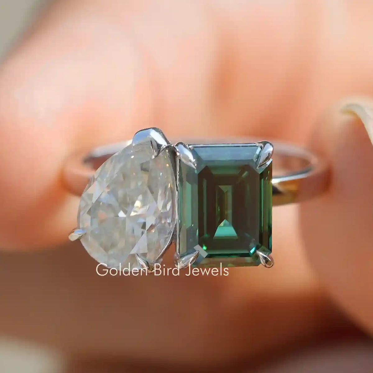 Emerald and Pear Cut Moissanite Toi Moi Ring
