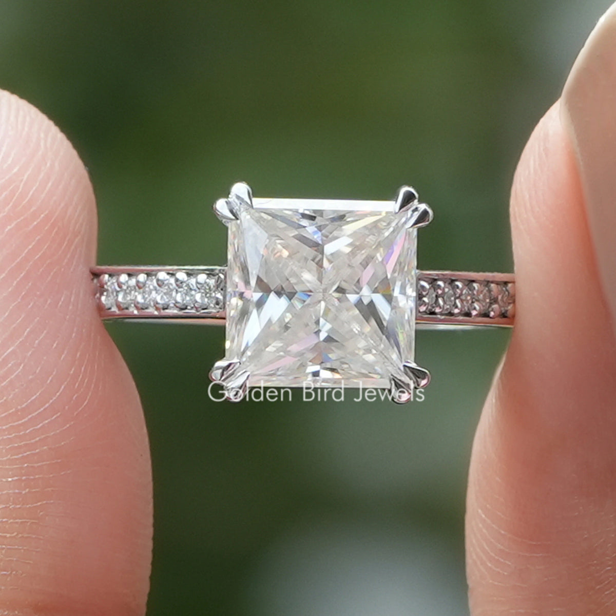 Solitaire Princess Cut Accent Stone Moissanite Ring