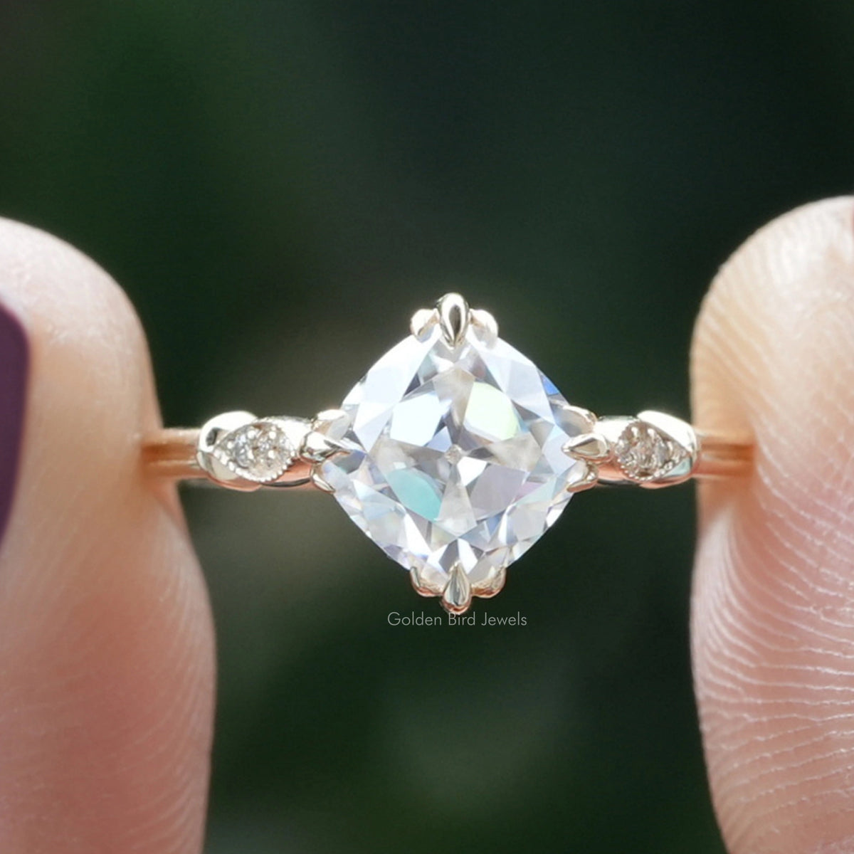 Old Mine Cushion Cut Moissanite Accent Stone Ring