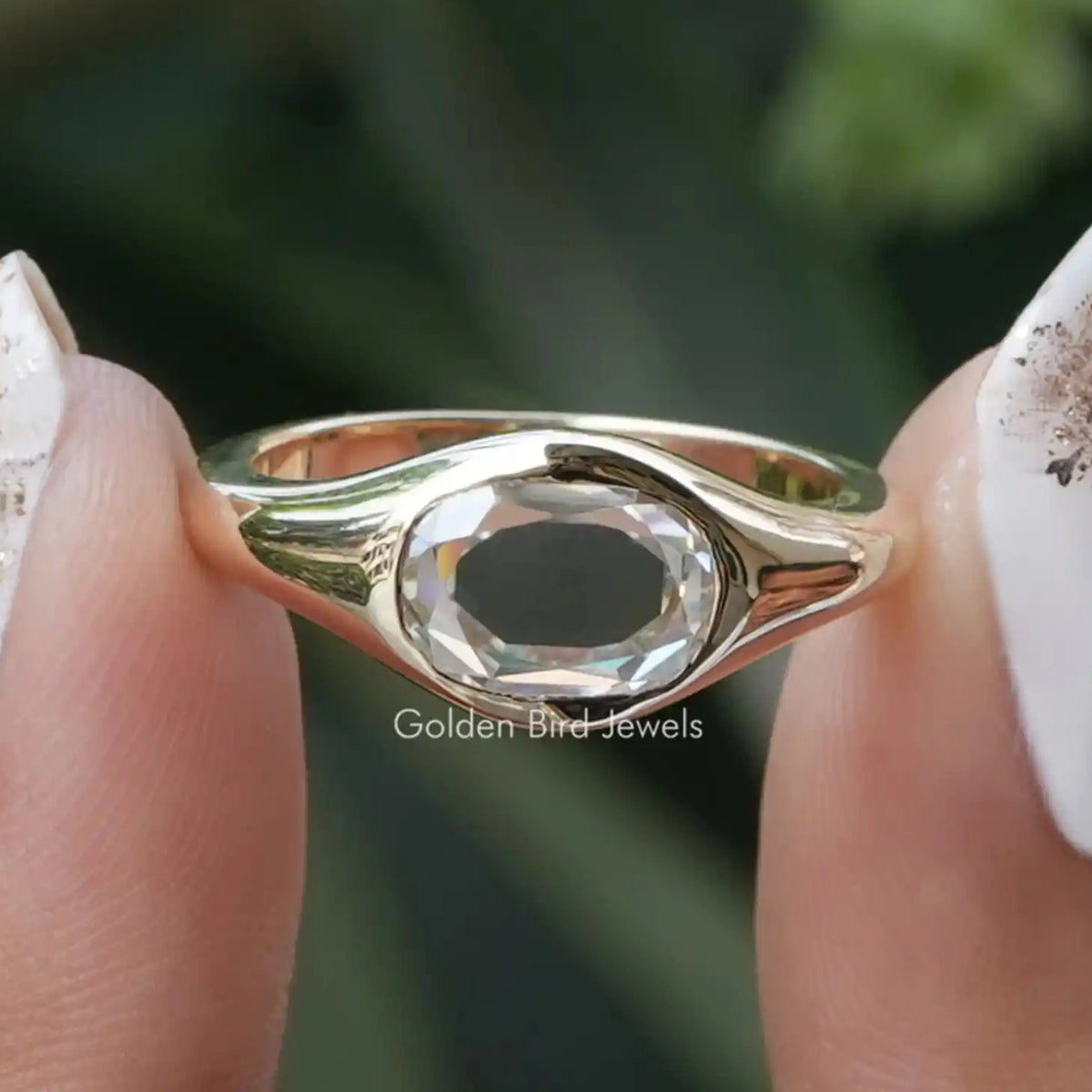 Rose Cut Oval Moissanite Bezel Set Solitaire Ring